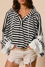 Load image into Gallery viewer, Black white Oversized Striped Henley Buttons Dolman Sleeve Hooded Top