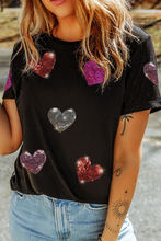Load image into Gallery viewer, Black Sequin Heart Patched Pattern Crewneck Valentines Tee