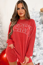 Cargar imagen en el visor de la galería, Racing Red Corded MERRY Graphic Long Sleeve Top and Shorts Set