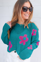 Load image into Gallery viewer, Sea Green Big Flower Hollowed Knit Drop Shoulder Sweater