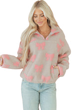 Load image into Gallery viewer, Gray Bow Sherpa Quarter Zip Drop Shoulder Baggy Sweatshirt