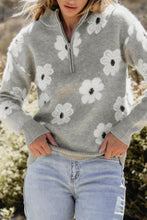 Load image into Gallery viewer, Gray Floral Pattern Half Zip Drop Shoulder Sweater