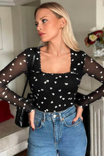 Load image into Gallery viewer, Black Heart Shape Mesh Patchwork Square Neck Bodysuit