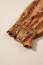 Load image into Gallery viewer, Brown Plus Size Floral Split V Neck Ruffled Sleeve Tiered Maxi Dress