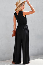 Load image into Gallery viewer, Black Deep V Pleated Crisscross Wide Leg Backless Jumpsuit