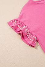 Load image into Gallery viewer, Bright Pink Textured Pearled Ruffle Sleeve Top 2 Piece Shorts Set