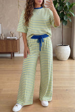 Cargar imagen en el visor de la galería, Pink Stripe Colorblock Trim Crew Neck Loose Tee Drawstring Elastic Waist 2pcs Pant Set