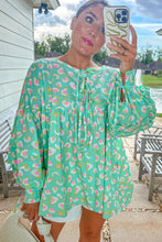 Load image into Gallery viewer, Green Abstract Printed Lace-up Lantern Sleeve Babydoll Blouse