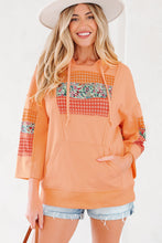 Load image into Gallery viewer, Grapefruit Orange Plaid Floral Patchwork Kangaroo Pocket Hooded Long Sleeve Top
