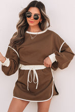 Load image into Gallery viewer, Coffee Color Contrast Loose Pullover and Lace-up Waist Skort Set