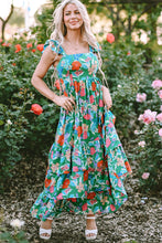 Load image into Gallery viewer, Green Floral Print Sleeveless Ruffle Tiered Maxi Dress