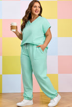 Cargar imagen en el visor de la galería, Mint Green Solid V-Neck Tee and Drawstring Plus Size Pants Set