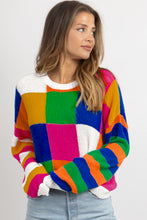 Load image into Gallery viewer, Orange Checkered Color Block Round Neck Loose Sweater