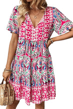 Cargar imagen en el visor de la galería, Pink Bohemian Print Tie Neck Ruffle Hem Short Dress