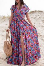 Load image into Gallery viewer, Blue Floral Print V Neck Wrap Split Maxi Dress