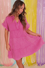Load image into Gallery viewer, Strawberry Pink Mineral Wash Crinkle Split Neck Raw Hem Tiered Dress