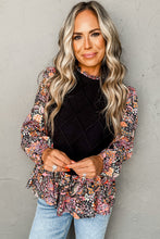 Load image into Gallery viewer, Black Floral Ruffle Sleeve Peplum Top