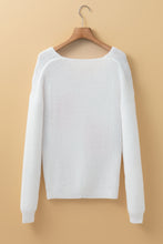 Load image into Gallery viewer, White Pearl Beaded Heart Pattern Fuzzy V Neck Sweater