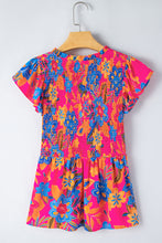 Cargar imagen en el visor de la galería, Rose Red Floral Print Smocked Ruffle Trim Flutter Sleeve Blouse