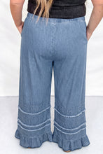 Cargar imagen en el visor de la galería, Dusk Blue Tiered Raw Edge Ruffled Plus Size Wide Leg Denim Pants