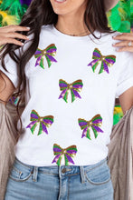 Load image into Gallery viewer, White Sequin Mardi Gras Bow Graphic Crewneck Tee
