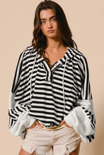 Load image into Gallery viewer, Black white Oversized Striped Henley Buttons Dolman Sleeve Hooded Top