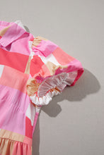 Load image into Gallery viewer, Pink Plaid Print Puff Sleeve Buttoned Tiered Dress