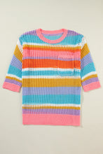 Load image into Gallery viewer, Pink Stripe Colorblock Hollowed Crochet 3/4 Sleeve Sweater