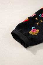 Load image into Gallery viewer, Black Floral Embroidered Ricrac Puff Sleeve Textured Blouse