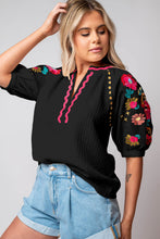 Load image into Gallery viewer, Black Floral Embroidered Ricrac Puff Sleeve Textured Blouse