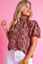 Cargar imagen en el visor de la galería, Purple Floral Print Knotted High Neck Puff Sleeve Blouse