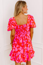 Load image into Gallery viewer, Red Floral Bubble Sleeve Sweetheart Neck Ruffled Mini Dress