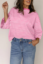 Cargar imagen en el visor de la galería, Pink Stripe Bowknot Cutout Back Drop Shoulder Wide Bracelet Sleeve Loose Tee