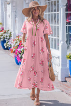 Cargar imagen en el visor de la galería, Pink Notched Neck Flutter Short Sleeve Floral Print Maxi Dress