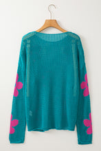 Load image into Gallery viewer, Sea Green Big Flower Hollowed Knit Drop Shoulder Sweater