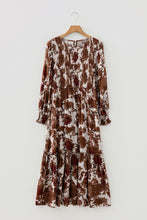 Load image into Gallery viewer, Chestnut Floral Puff Sleeve Smocked Bodice Ruffled Long Dress