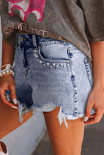 Load image into Gallery viewer, Beau Blue Pearl Studded Pockets Raw Hem Denim Shorts