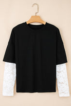 Load image into Gallery viewer, Black Lace Long Sleeve Insert Drop Shoulder Tee