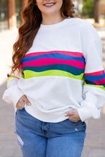 Cargar imagen en el visor de la galería, White Plus Size Colorful Striped Drop Shoulder Loose Sweatshirt