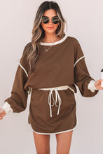 Load image into Gallery viewer, Coffee Color Contrast Loose Pullover and Lace-up Waist Skort Set