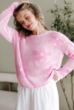 Load image into Gallery viewer, Light Pink Big Flower Hollowed Knit Drop Shoulder Sweater