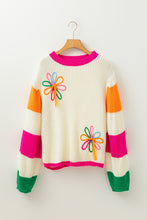 Load image into Gallery viewer, Beige Colorblock Flower Print Cable Knit Loose Sweater