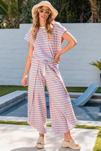 Cargar imagen en el visor de la galería, Pink Stripe Rainbow Tee Tasseled String Wide Leg Pants Set