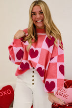Load image into Gallery viewer, Pink Plus Size Love Heart Block Mock Neck Lantern Sleeve Valentine Sweater