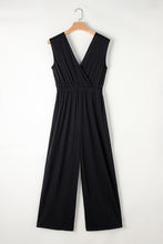 Load image into Gallery viewer, Black Deep V Pleated Crisscross Wide Leg Backless Jumpsuit