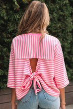 Cargar imagen en el visor de la galería, Pink Stripe Bowknot Cutout Back Drop Shoulder Wide Bracelet Sleeve Loose Tee