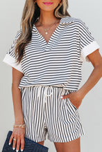 Load image into Gallery viewer, Black Stripe V Neck Tee and Casual Short Set