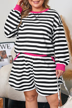 Load image into Gallery viewer, Black Stripe Color Block Edge Pullover and Shorts PLus Size Set