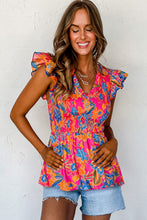 Cargar imagen en el visor de la galería, Rose Red Floral Print Smocked Ruffle Trim Flutter Sleeve Blouse