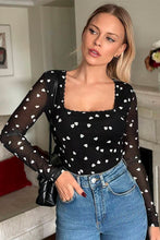 Load image into Gallery viewer, Black Heart Shape Mesh Patchwork Square Neck Bodysuit